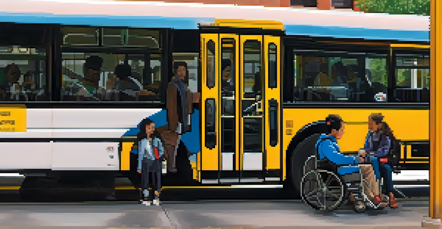 Close-up of a low-floor accessibility bus at a Denver stop, with staff assisting a wheelchair user.