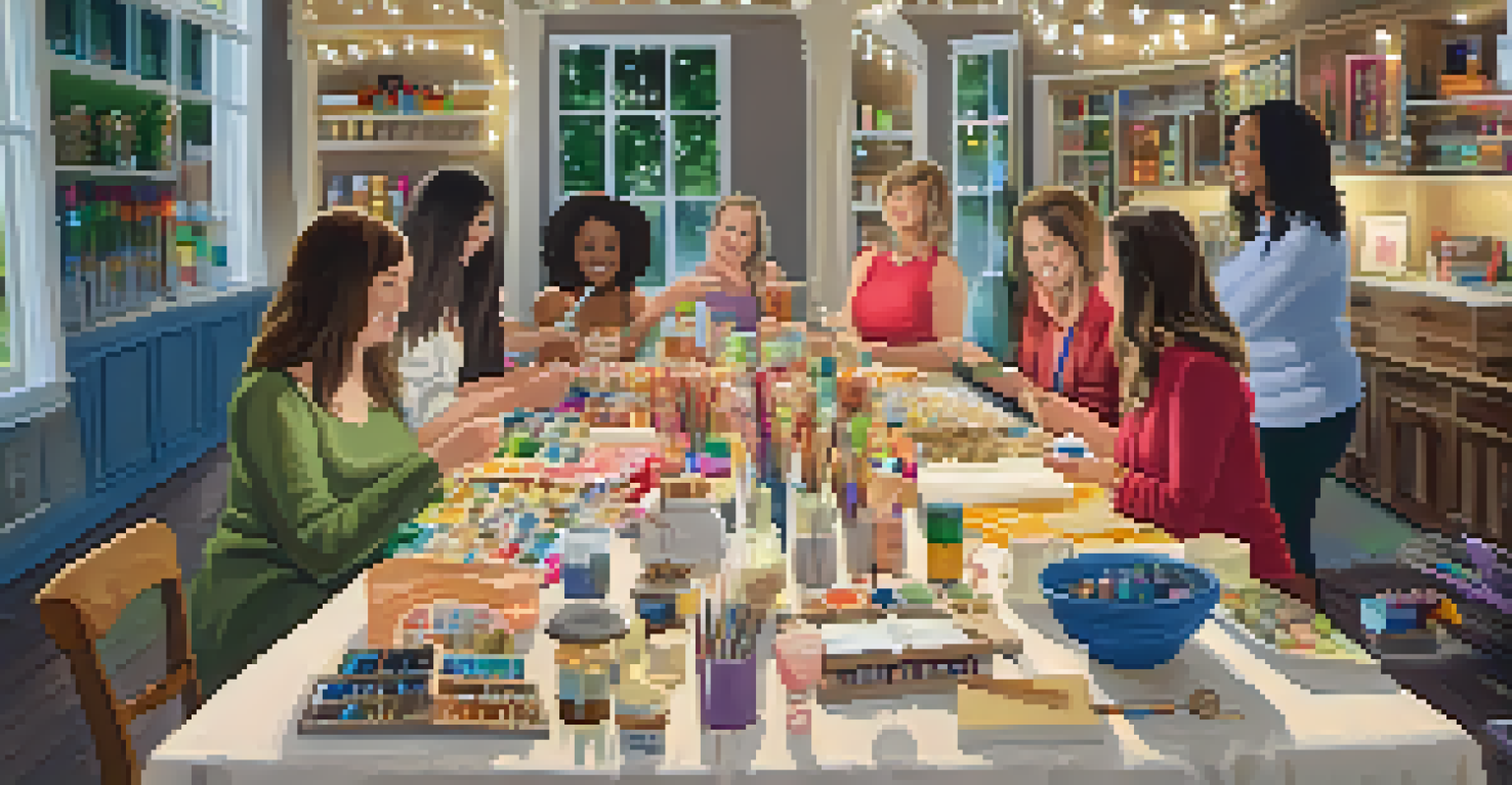 A cozy Crafty Ladies Night event with tables full of crafting supplies and participants enjoying their projects in a warm atmosphere.