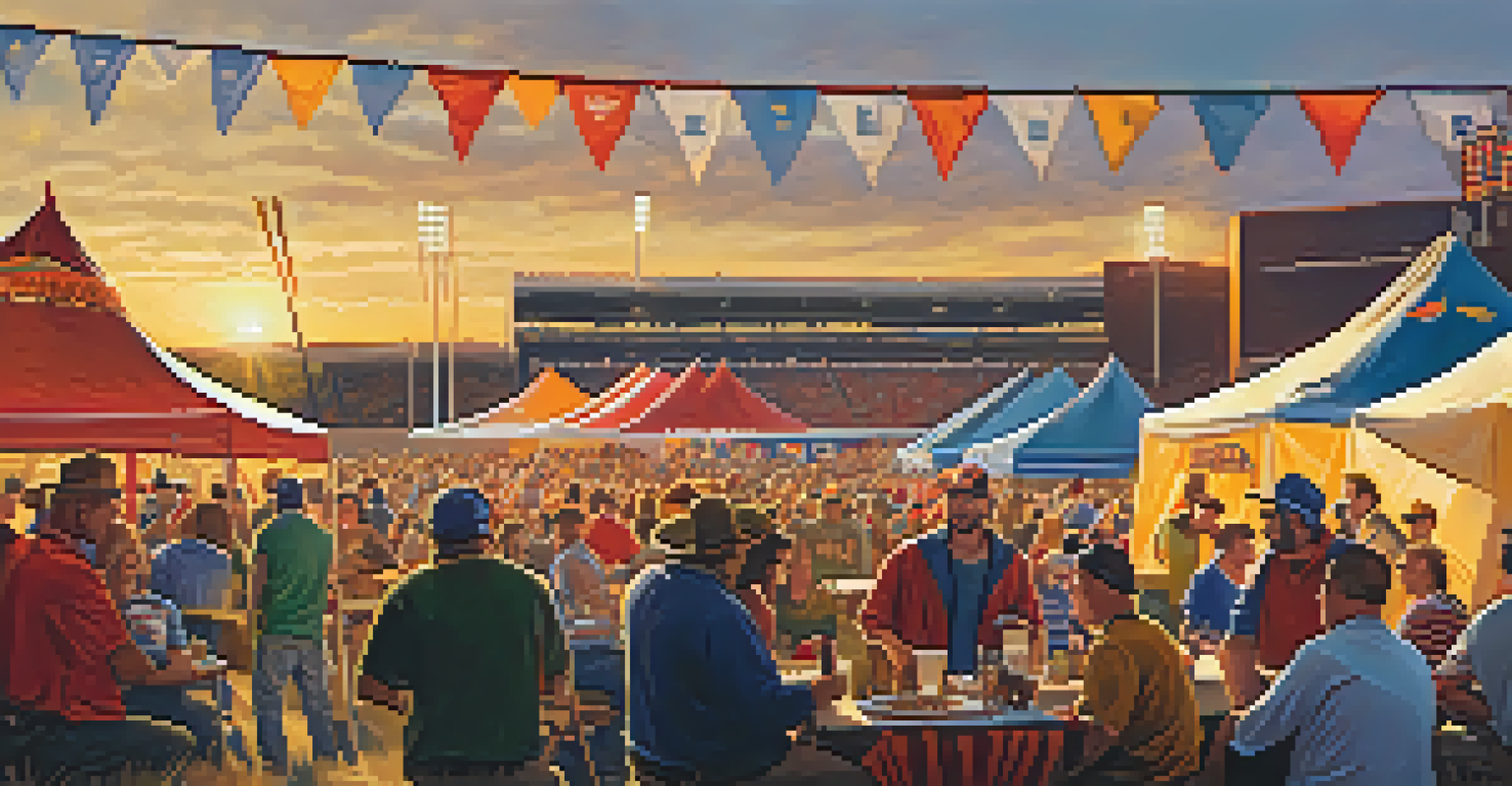 A lively pre-game tailgating scene with fans grilling, playing games, and socializing outside a Denver stadium during sunset.