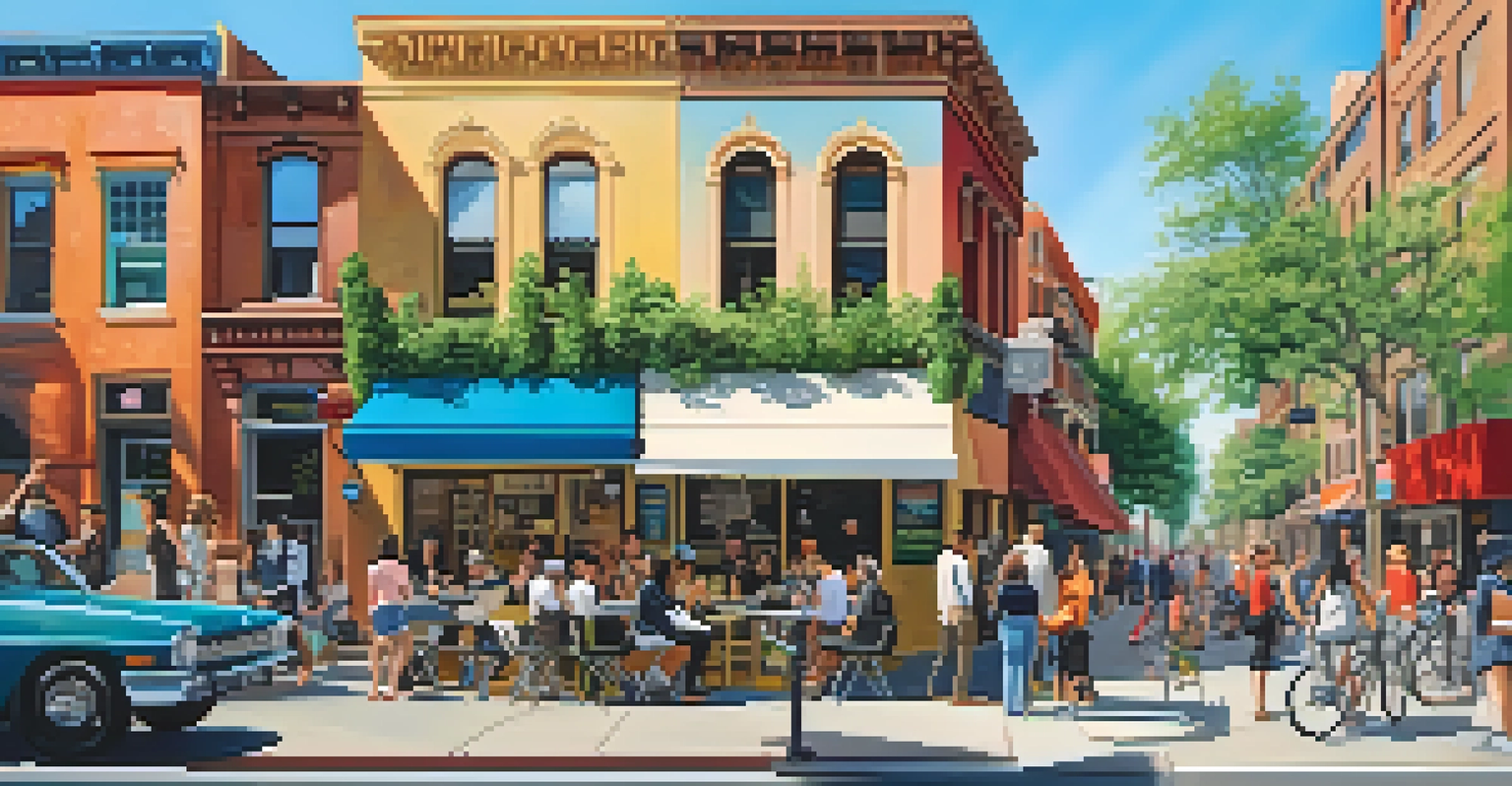 A lively urban neighborhood with cafes, art, and a diverse crowd amidst modern and historic buildings.