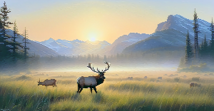 A misty morning in Rocky Mountain National Park with elk grazing in a green meadow and mountains in the background.