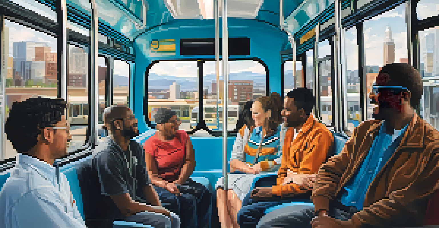 Inside a Denver bus with diverse commuters chatting and enjoying their ride, showcasing community connections.
