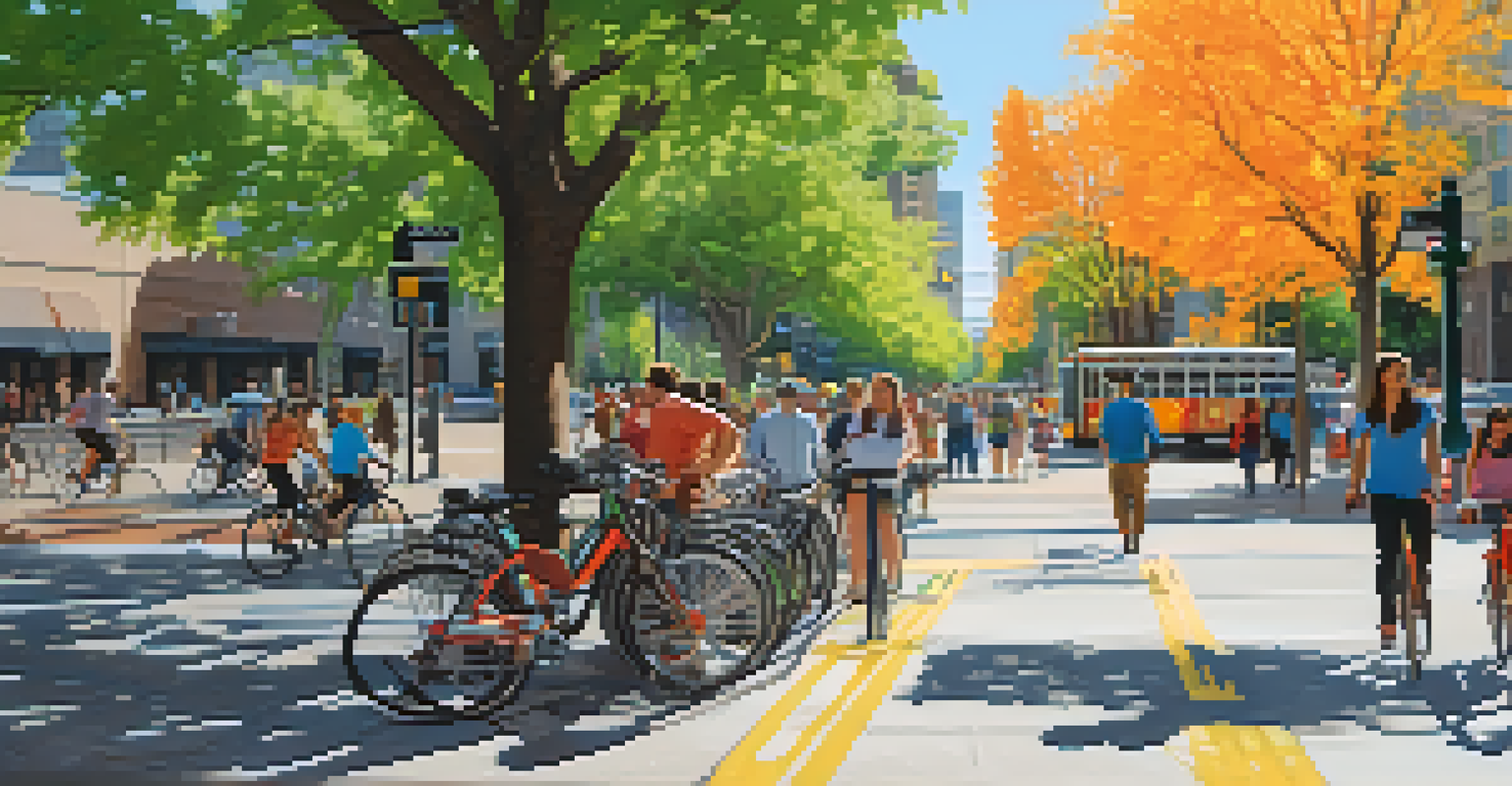 A vibrant street scene in Denver featuring bike lanes, pedestrians, and a light rail train, emphasizing sustainable transportation options.