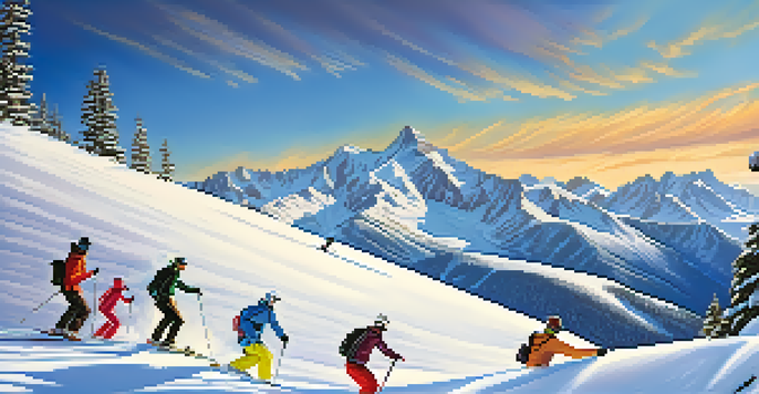 A snowy slope with skiers and snowboarders enjoying winter sports, with the Rocky Mountains and a blue sky in the background.