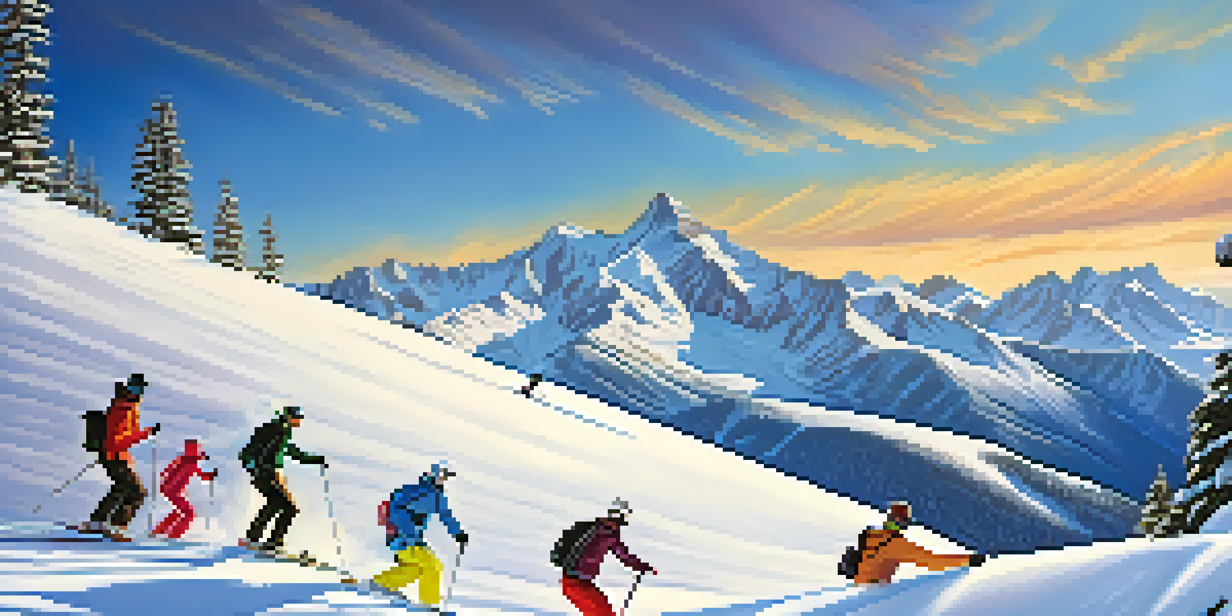 A snowy slope with skiers and snowboarders enjoying winter sports, with the Rocky Mountains and a blue sky in the background.