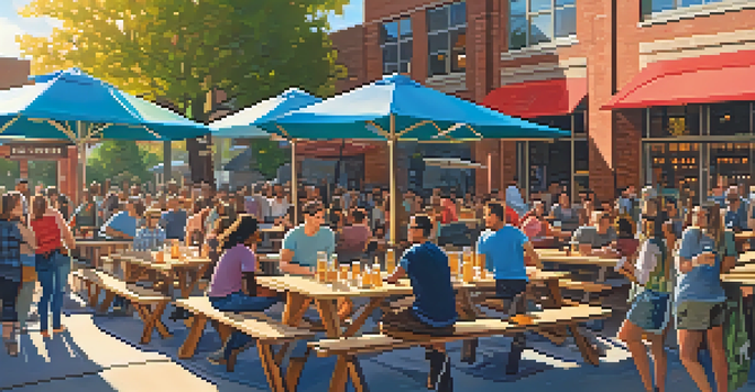 An outdoor beer garden at a craft brewery with people sitting at colorful picnic tables, enjoying drinks and food from a food truck under string lights.