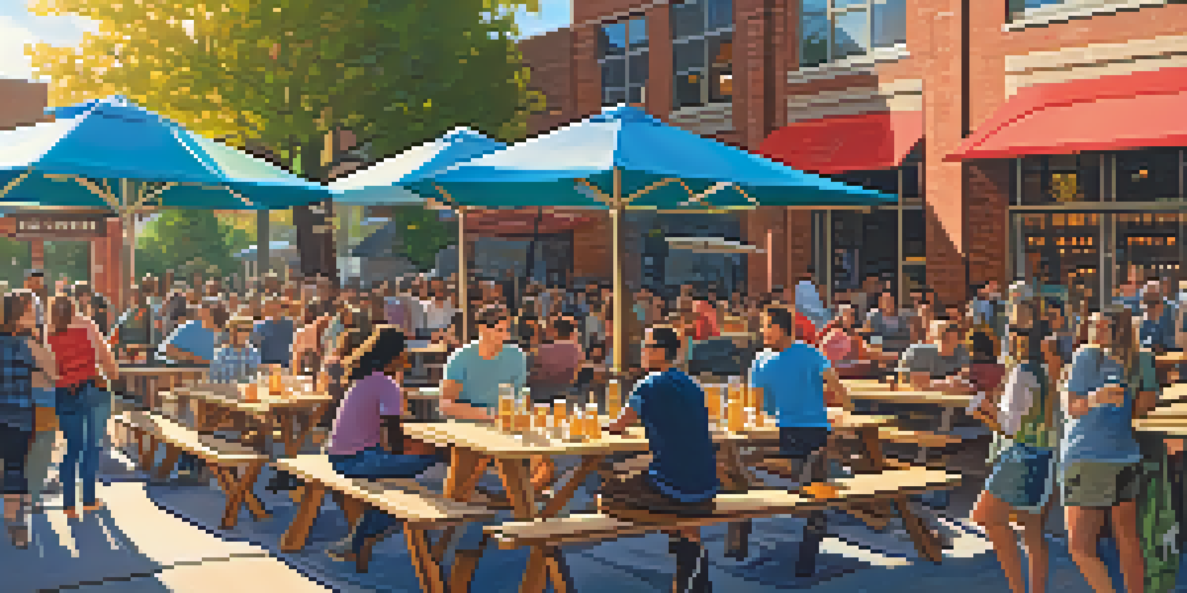 An outdoor beer garden at a craft brewery with people sitting at colorful picnic tables, enjoying drinks and food from a food truck under string lights.