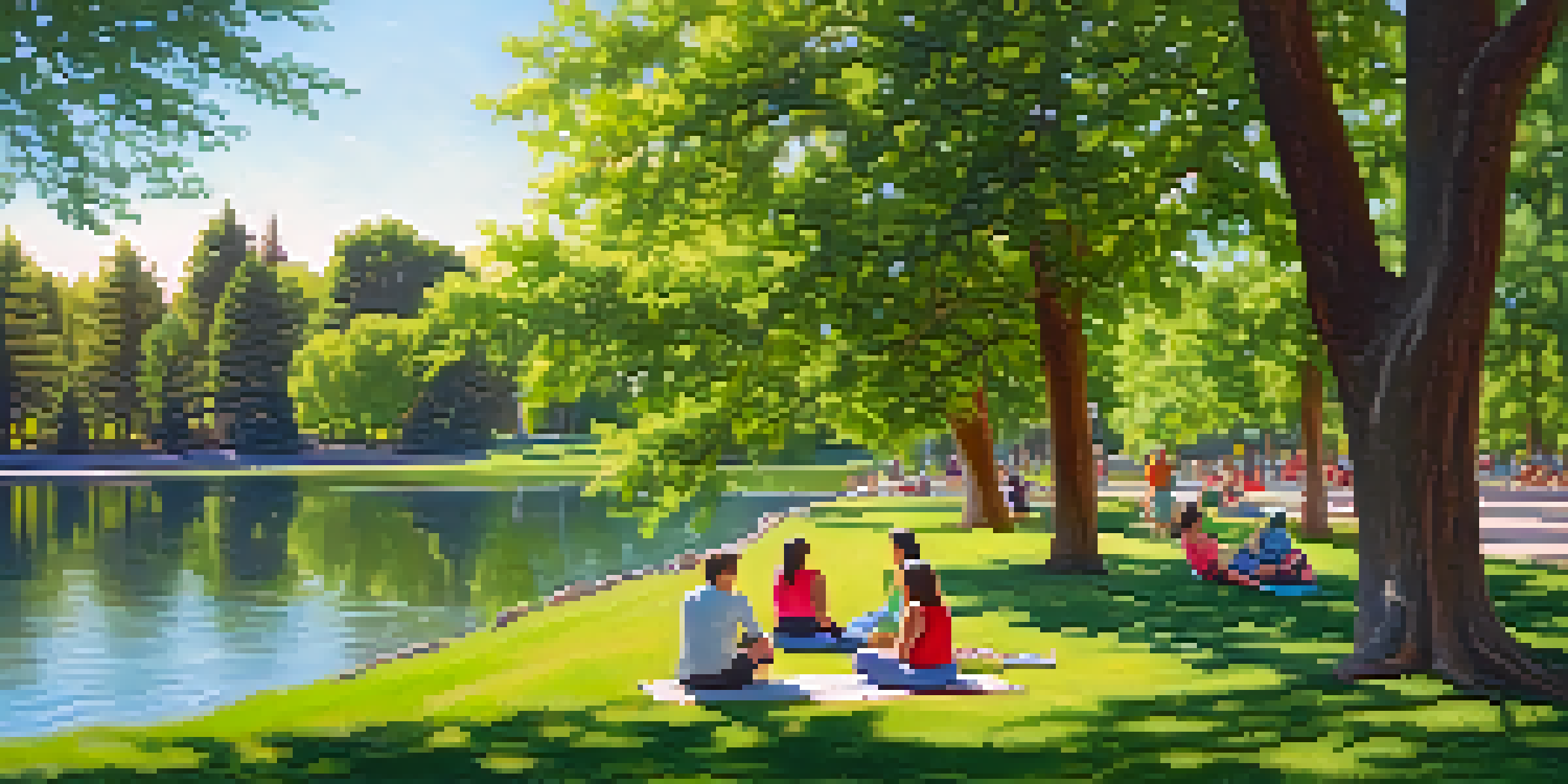 A tranquil park setting with green trees, colorful flowers, and a lake, featuring families and individuals enjoying outdoor activities.