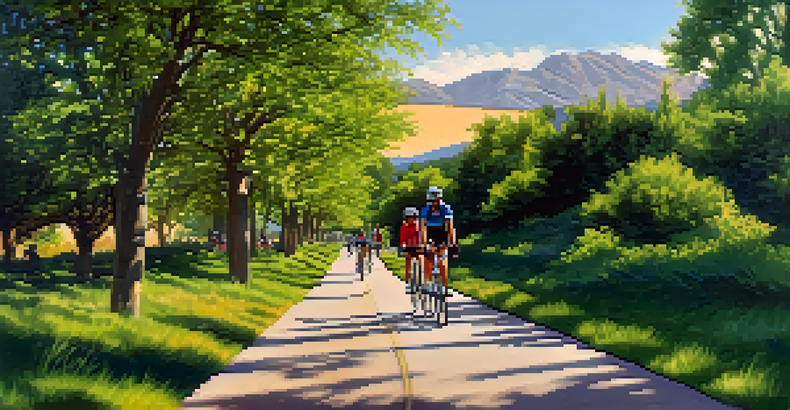 A group of cyclists enjoying a ride along the Cherry Creek Trail, surrounded by trees and mountains, under a sunny sky.