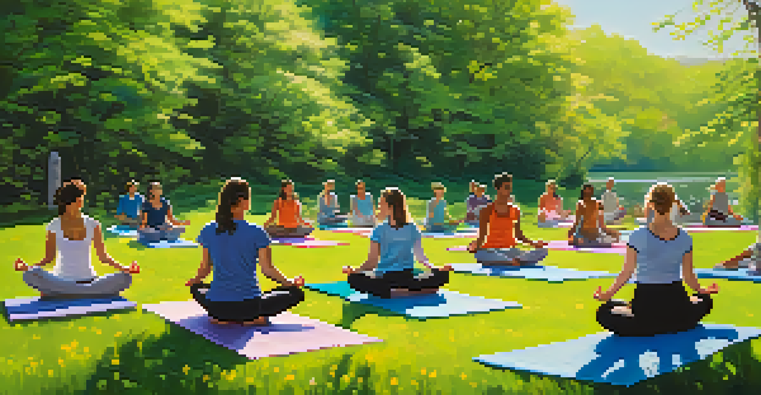 A lively outdoor yoga class in spring, surrounded by blooming flowers and greenery near a calm lake.