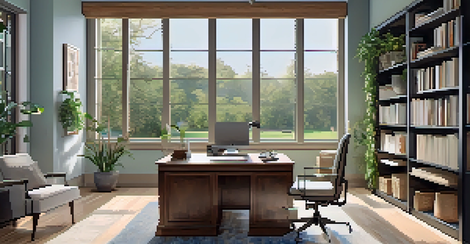 A bright and airy home office with a wooden desk, laptop, and plants, overlooking a peaceful suburban view.