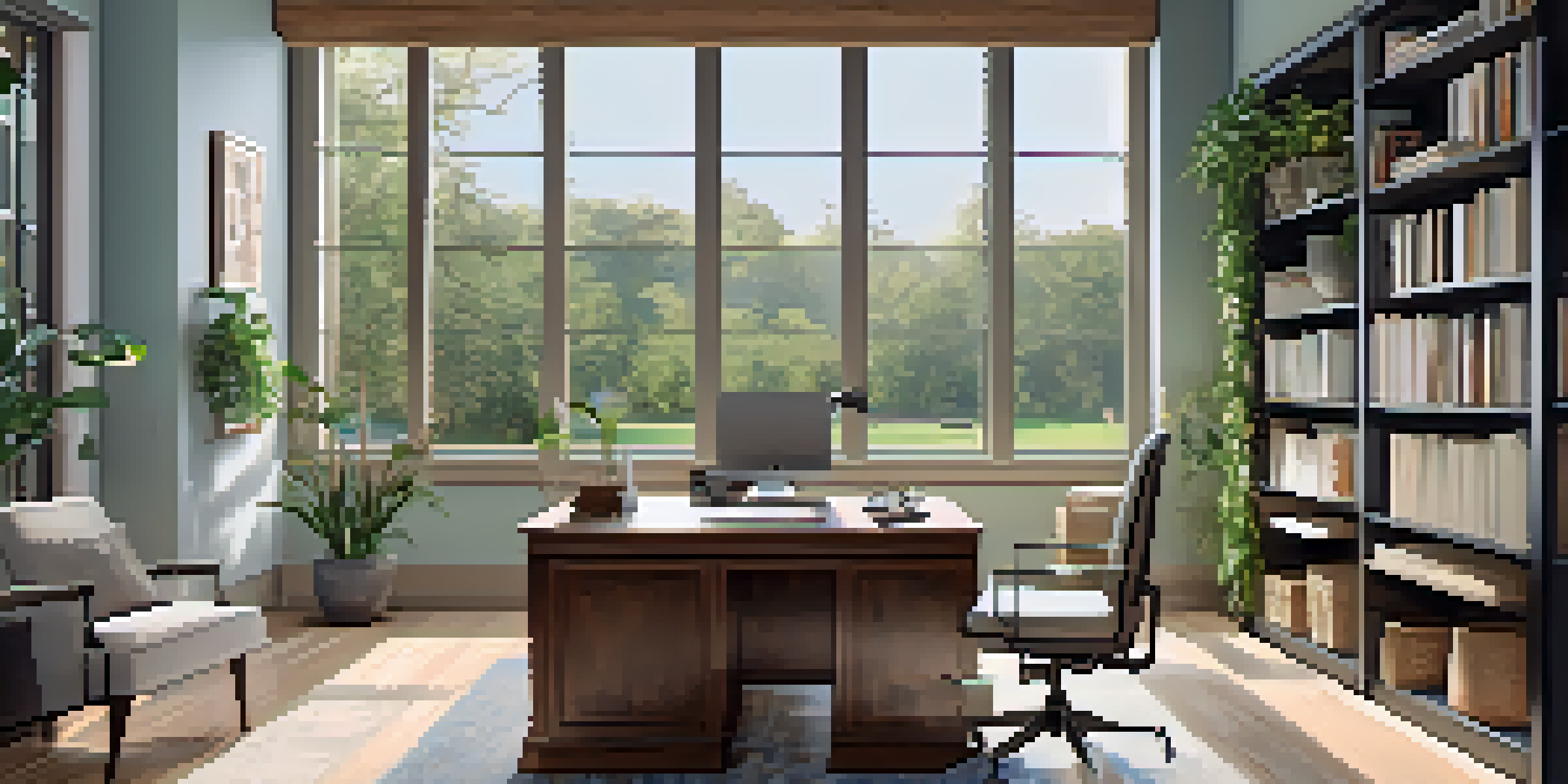 A bright and airy home office with a wooden desk, laptop, and plants, overlooking a peaceful suburban view.