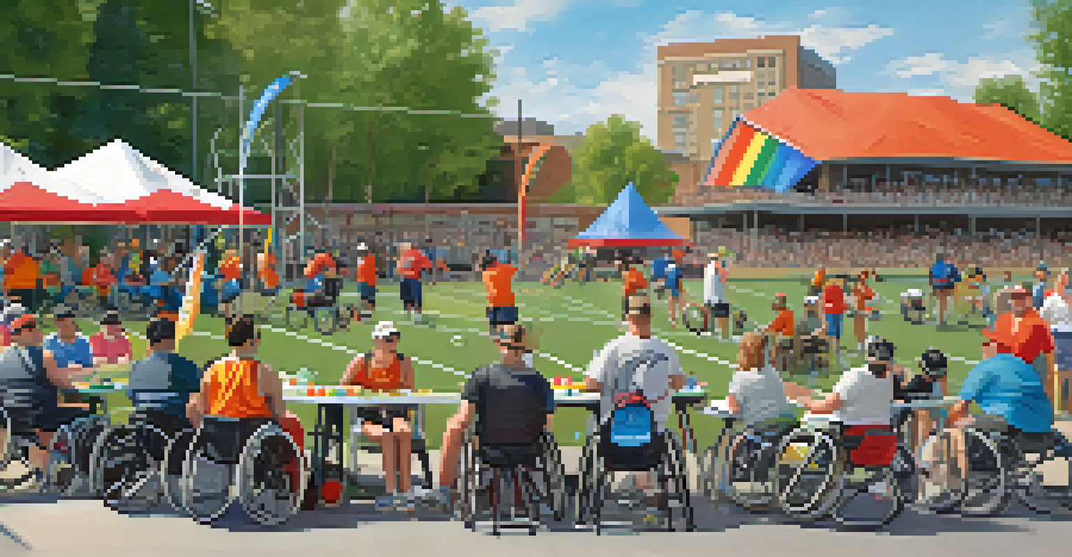 An inclusive community sports event in Denver, with individuals of all abilities participating and colorful banners celebrating diversity.