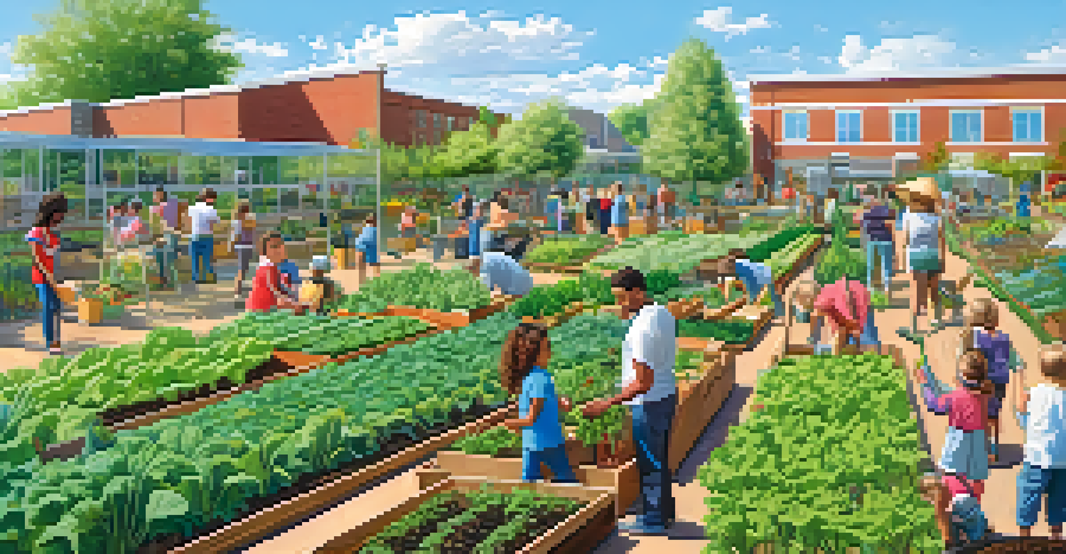 Families engaged in gardening activities at the Urban Farm at Stapleton under sunny skies with rows of vegetables.