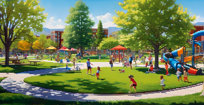 A sunny community park with families having a picnic, children playing, and joggers on a path surrounded by flowers and greenery.