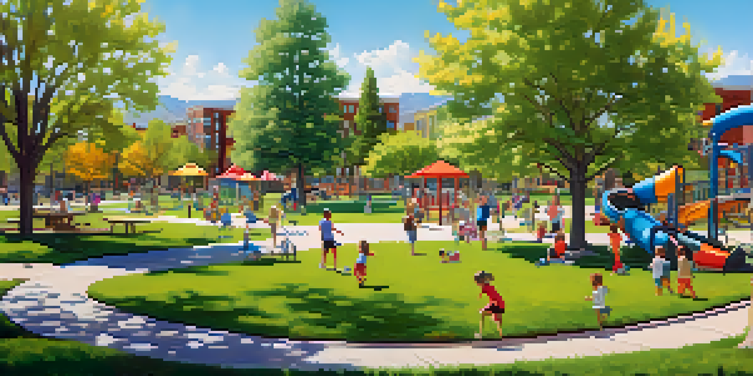 A sunny community park with families having a picnic, children playing, and joggers on a path surrounded by flowers and greenery.