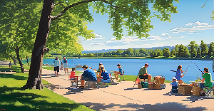 Families enjoying a sunny day fishing at Cherry Creek Reservoir, with picnic setups and trees around, and boats on the water.