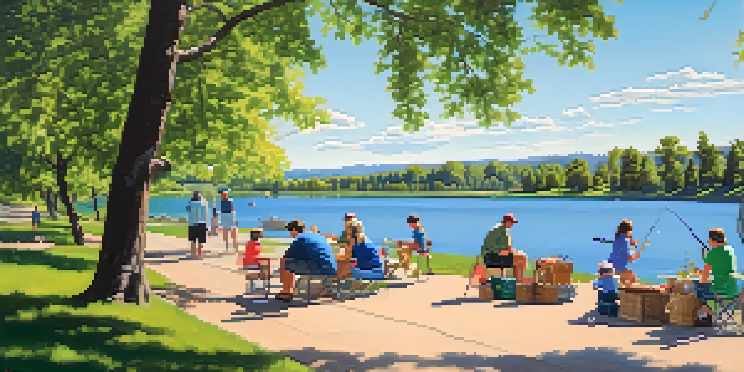 Families enjoying a sunny day fishing at Cherry Creek Reservoir, with picnic setups and trees around, and boats on the water.