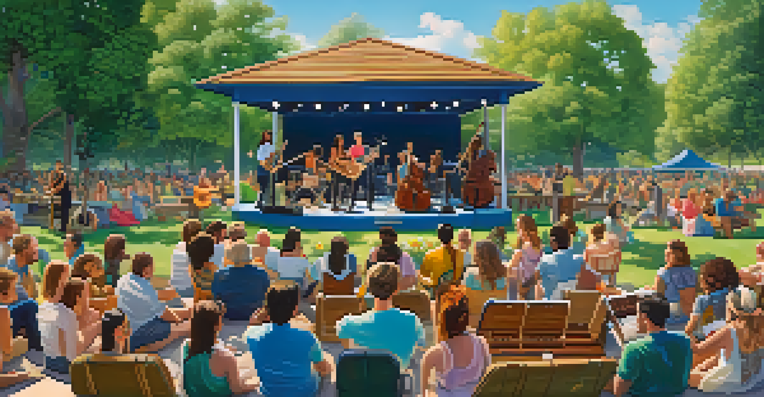 A diverse group of musicians performing outdoors in a park, with an engaged audience enjoying the music.