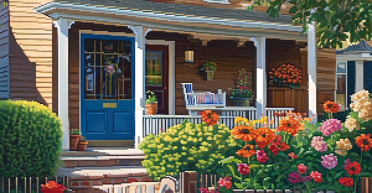A close-up of a 'For Sale' sign in front of a beautiful home in Denver, surrounded by a garden with blooming flowers under warm sunlight.