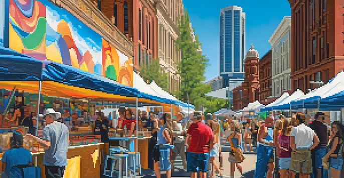 A lively outdoor art festival in Denver with local artists showcasing their colorful artwork, surrounded by an engaged crowd against a bright blue sky.