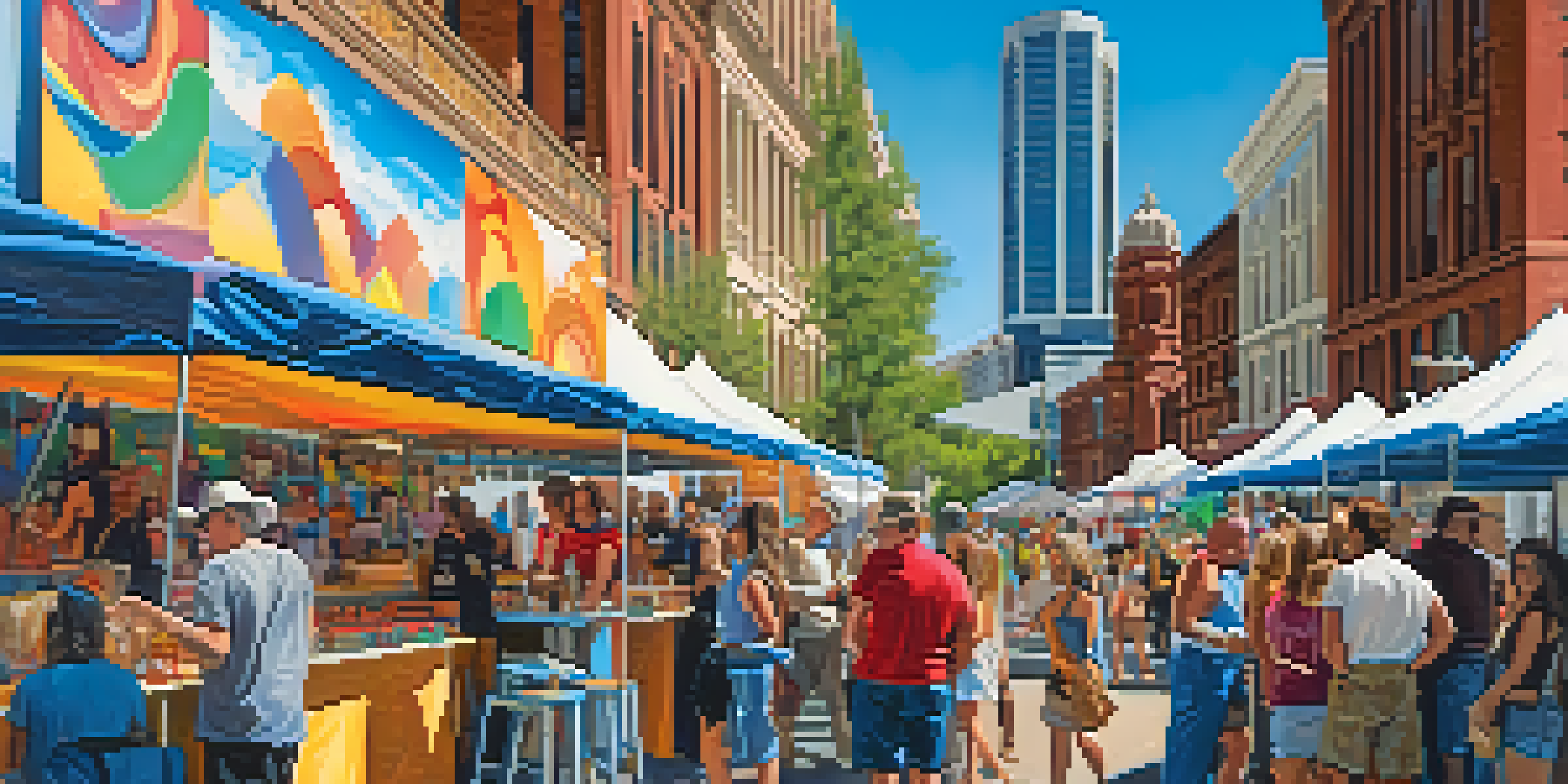 A lively outdoor art festival in Denver with local artists showcasing their colorful artwork, surrounded by an engaged crowd against a bright blue sky.