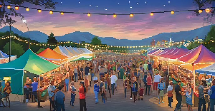 A vibrant craft beer festival with people sampling beers, colorful tents, and food stalls, creating a festive atmosphere.