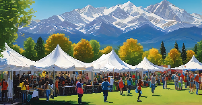 A lively campus festival with students from various backgrounds enjoying food, arts, and crafts under a clear blue sky with mountains in the background.