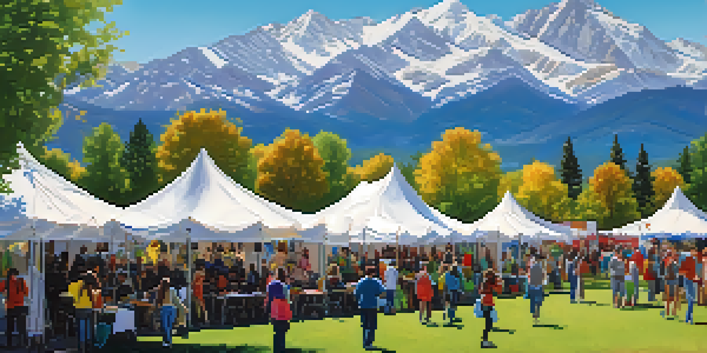 A lively campus festival with students from various backgrounds enjoying food, arts, and crafts under a clear blue sky with mountains in the background.
