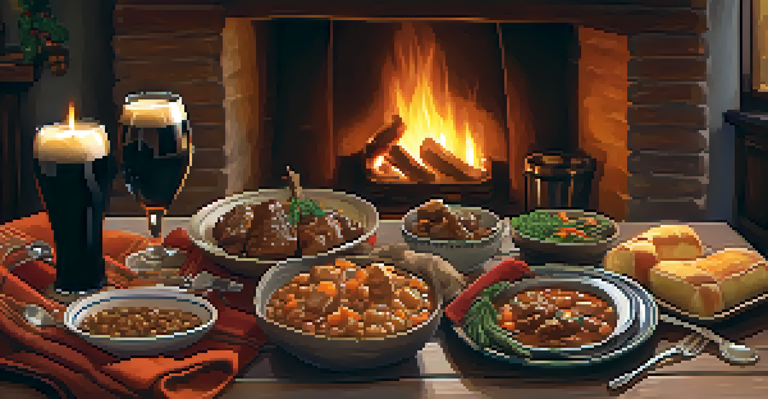 A cozy winter dinner with a bowl of hearty stew and a glass of stout beer, illuminated by candlelight.