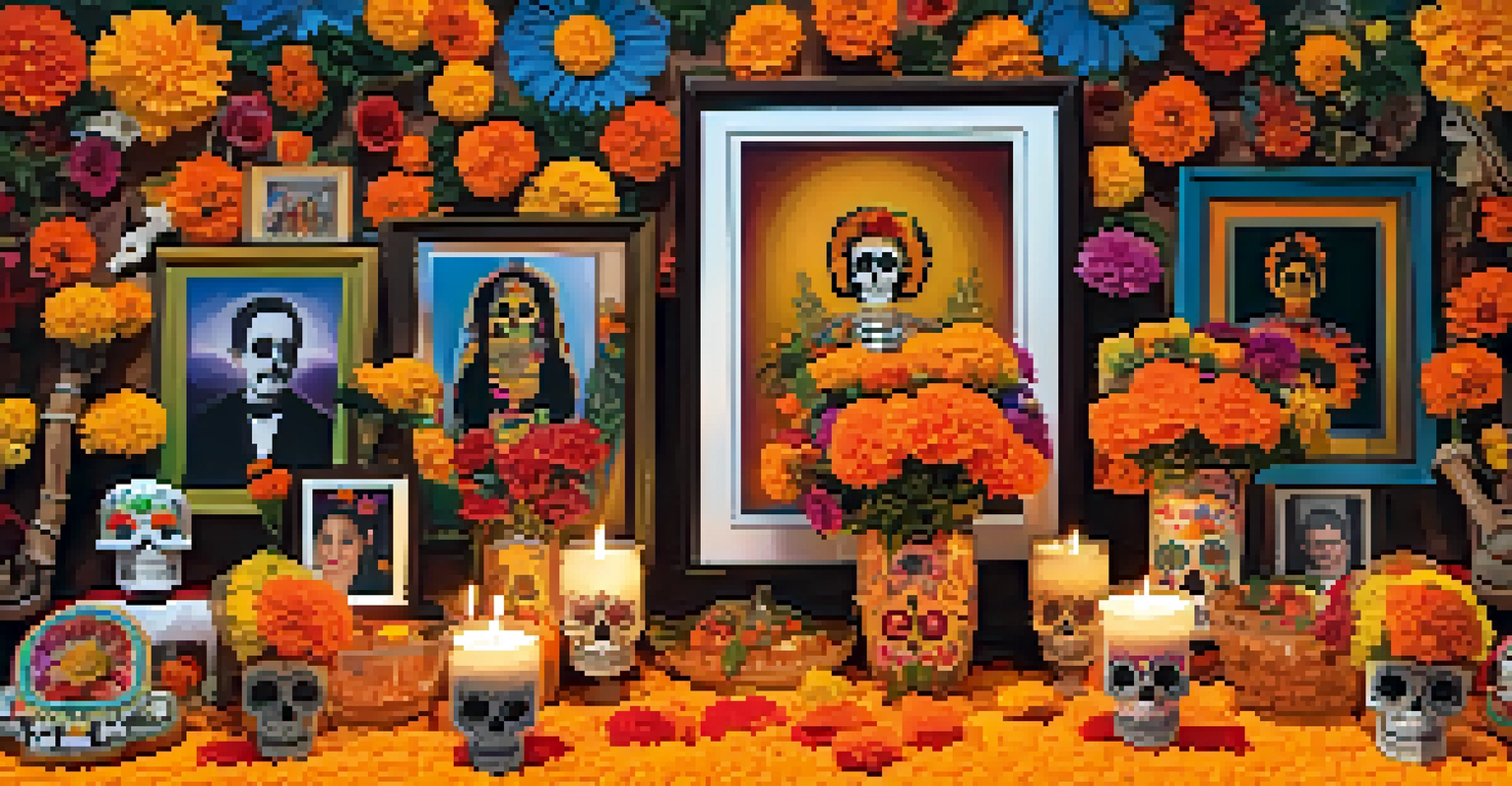 A colorful altar for the Dia de los Muertos Festival, decorated with marigolds and photographs.
