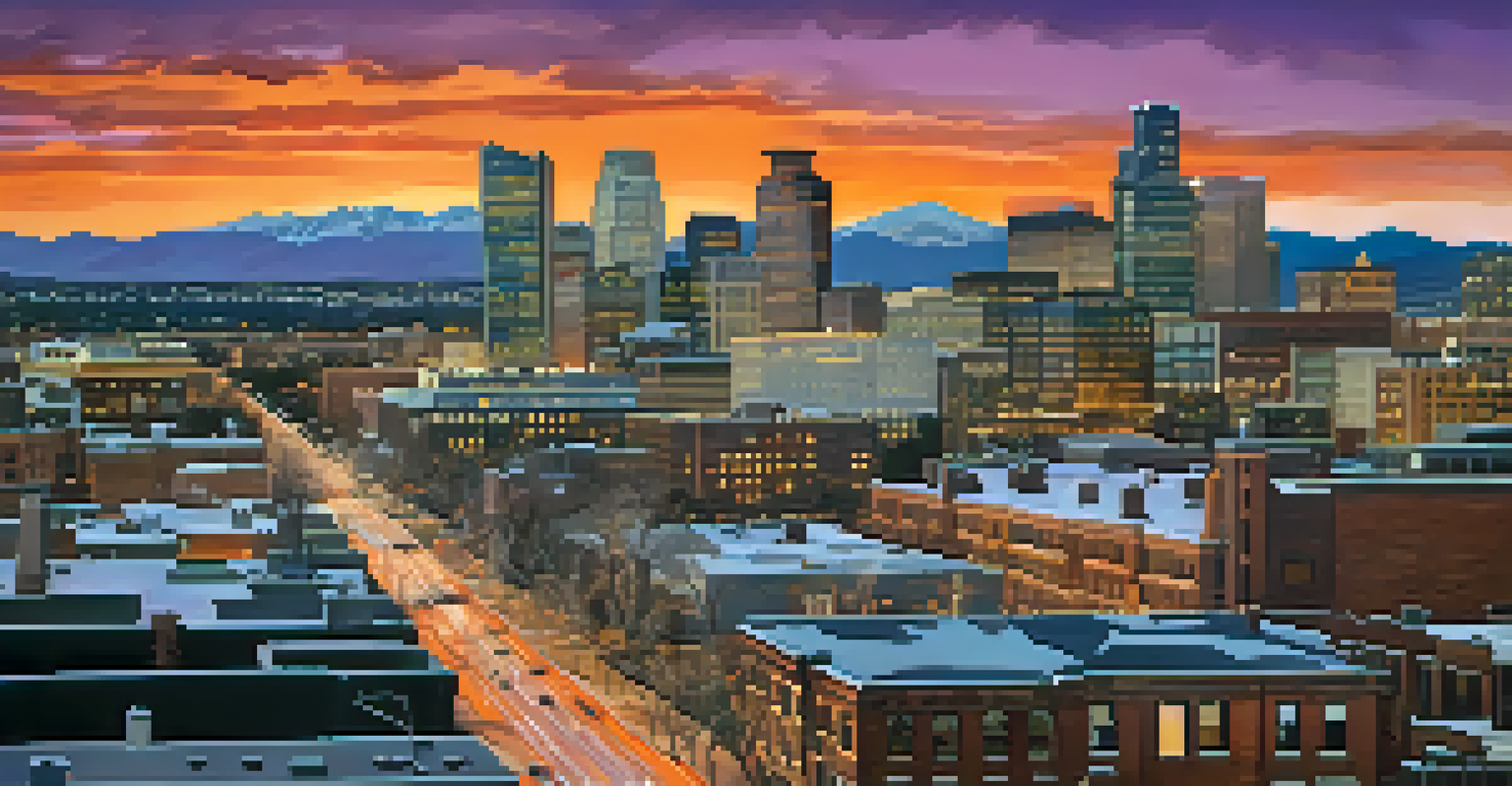 An aerial view of Denver's skyline during sunset, with colorful skies and the Rocky Mountains in the background.