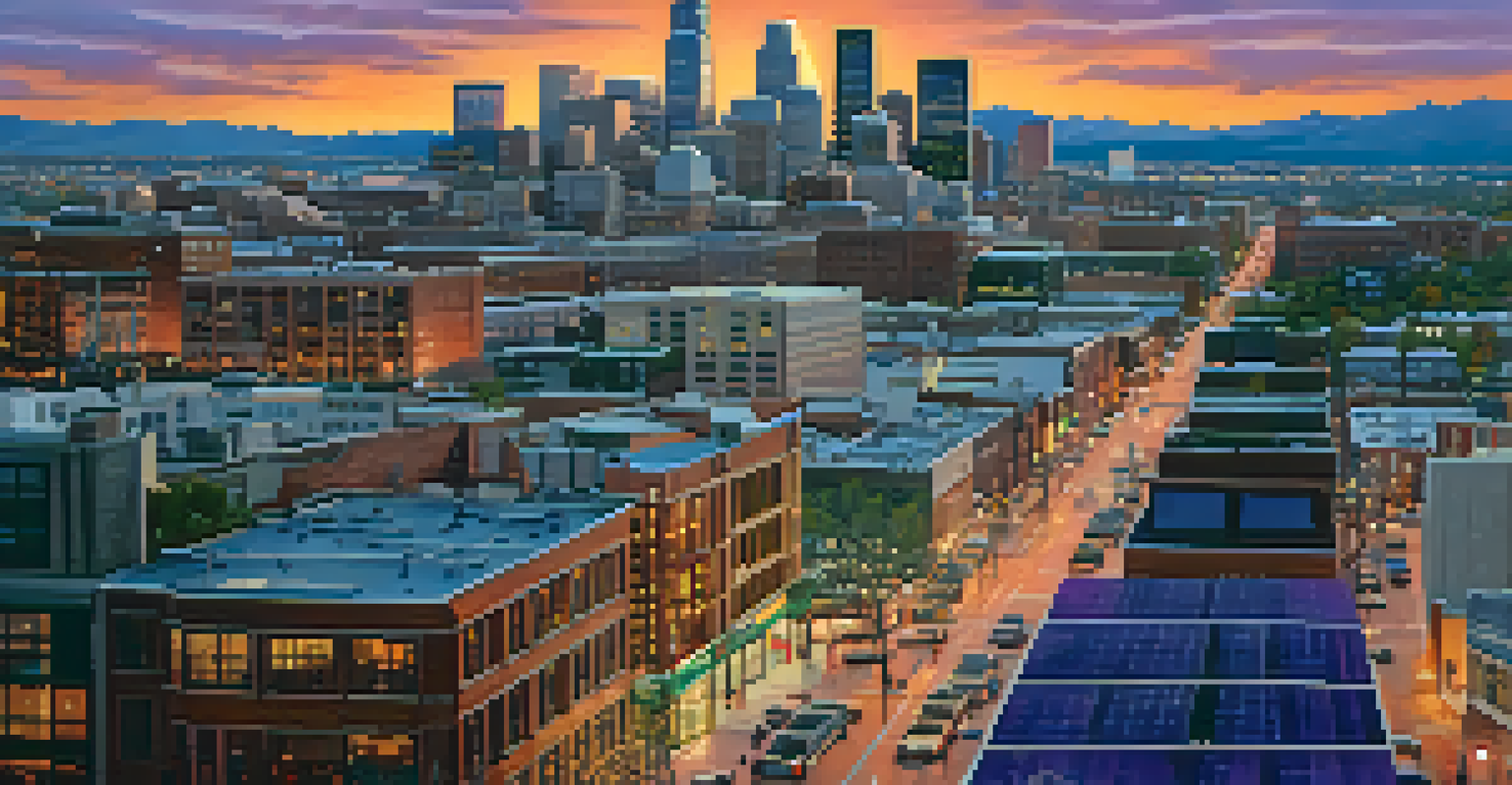 An aerial view of Denver's skyline at sunset, featuring solar panels on rooftops and people biking on the streets.