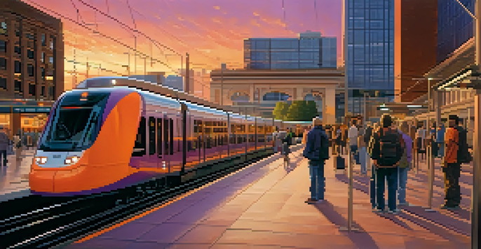 A busy light rail station in Denver at sunset, featuring arriving trains and diverse passengers waiting, with colorful skies and bicycles nearby.