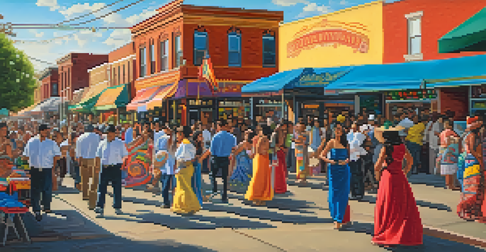A colorful street celebration in Denver's Westside, featuring lively murals and people dancing in traditional attire during Fiestas Patrias.
