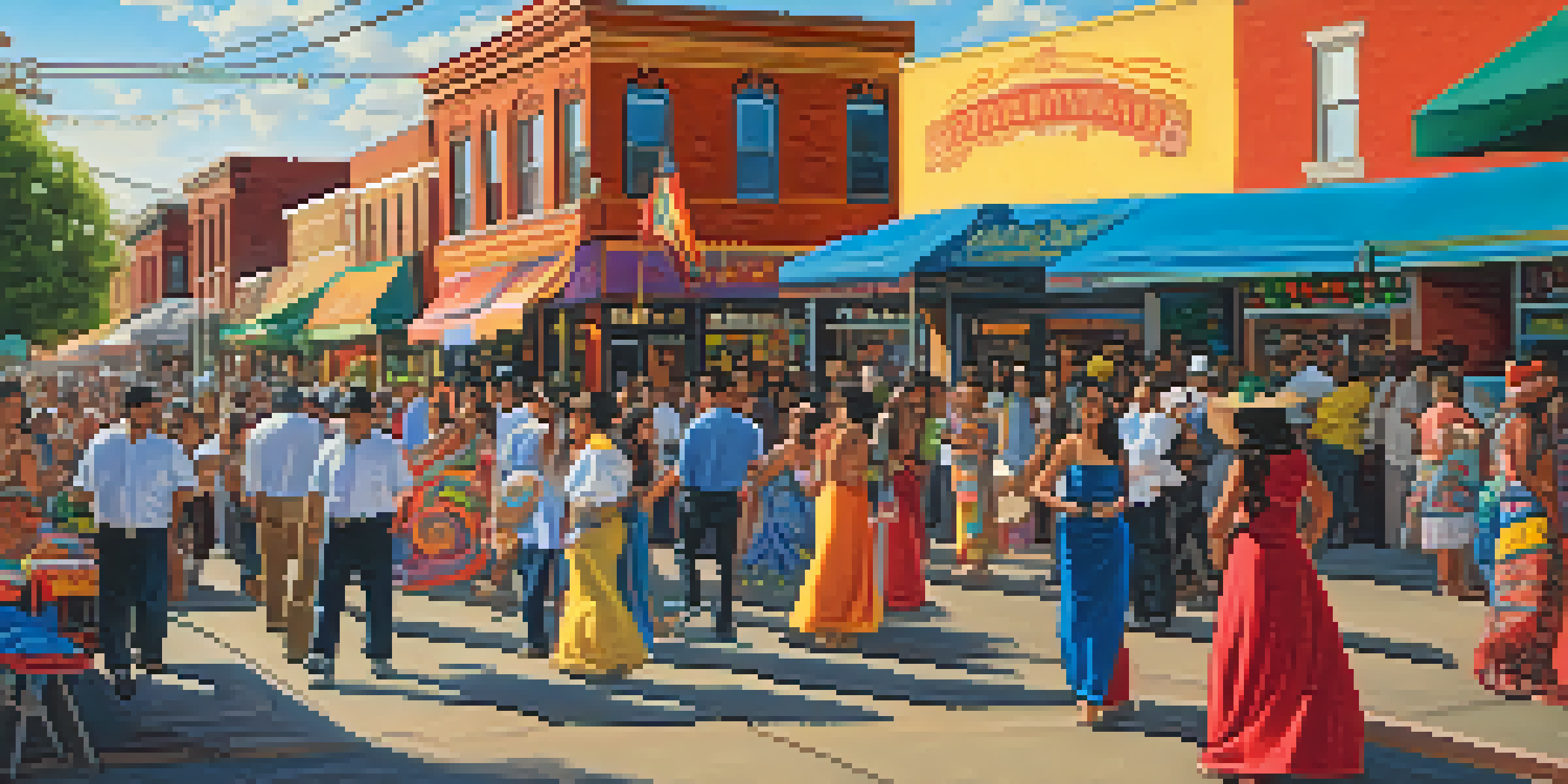 A colorful street celebration in Denver's Westside, featuring lively murals and people dancing in traditional attire during Fiestas Patrias.