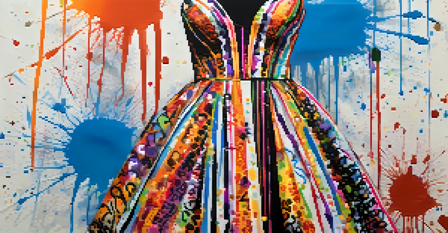 A close-up view of a dress with graffiti-inspired print, set against a backdrop of colorful paint splatters.