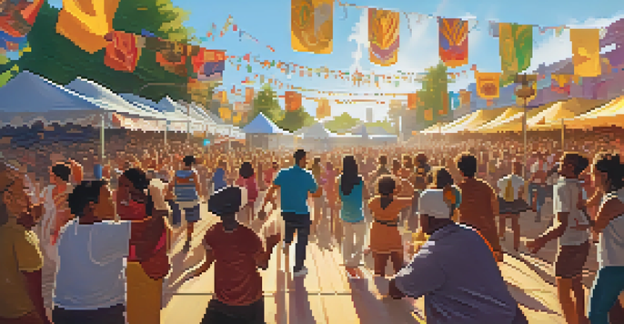 A vibrant local music festival with diverse crowd dancing and enjoying live performances under warm sunlight.