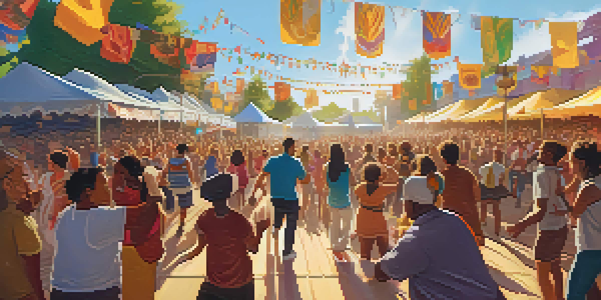 A vibrant local music festival with diverse crowd dancing and enjoying live performances under warm sunlight.