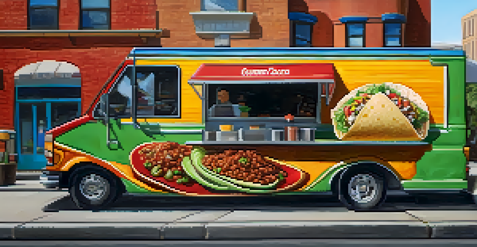 A close-up of a gourmet taco filled with fresh ingredients being served from a food truck window.