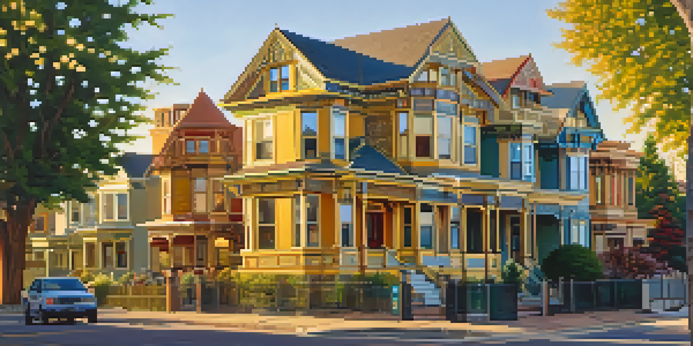 A scenic view of charming Victorian homes in Denver's Baker neighborhood during sunset, with people walking on the street.
