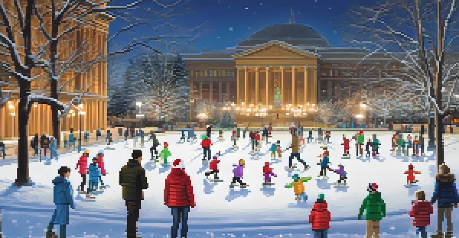 A winter scene in Civic Center Park with families ice skating and holiday lights, surrounded by snow-covered historic buildings.