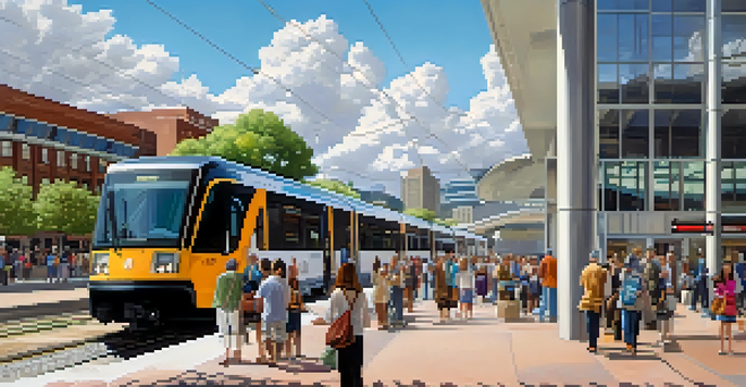 A bustling light rail station in Denver, filled with diverse commuters and surrounded by green and urban architecture.