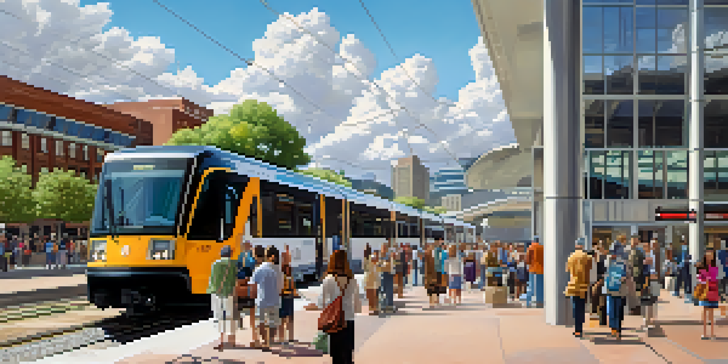 A bustling light rail station in Denver, filled with diverse commuters and surrounded by green and urban architecture.