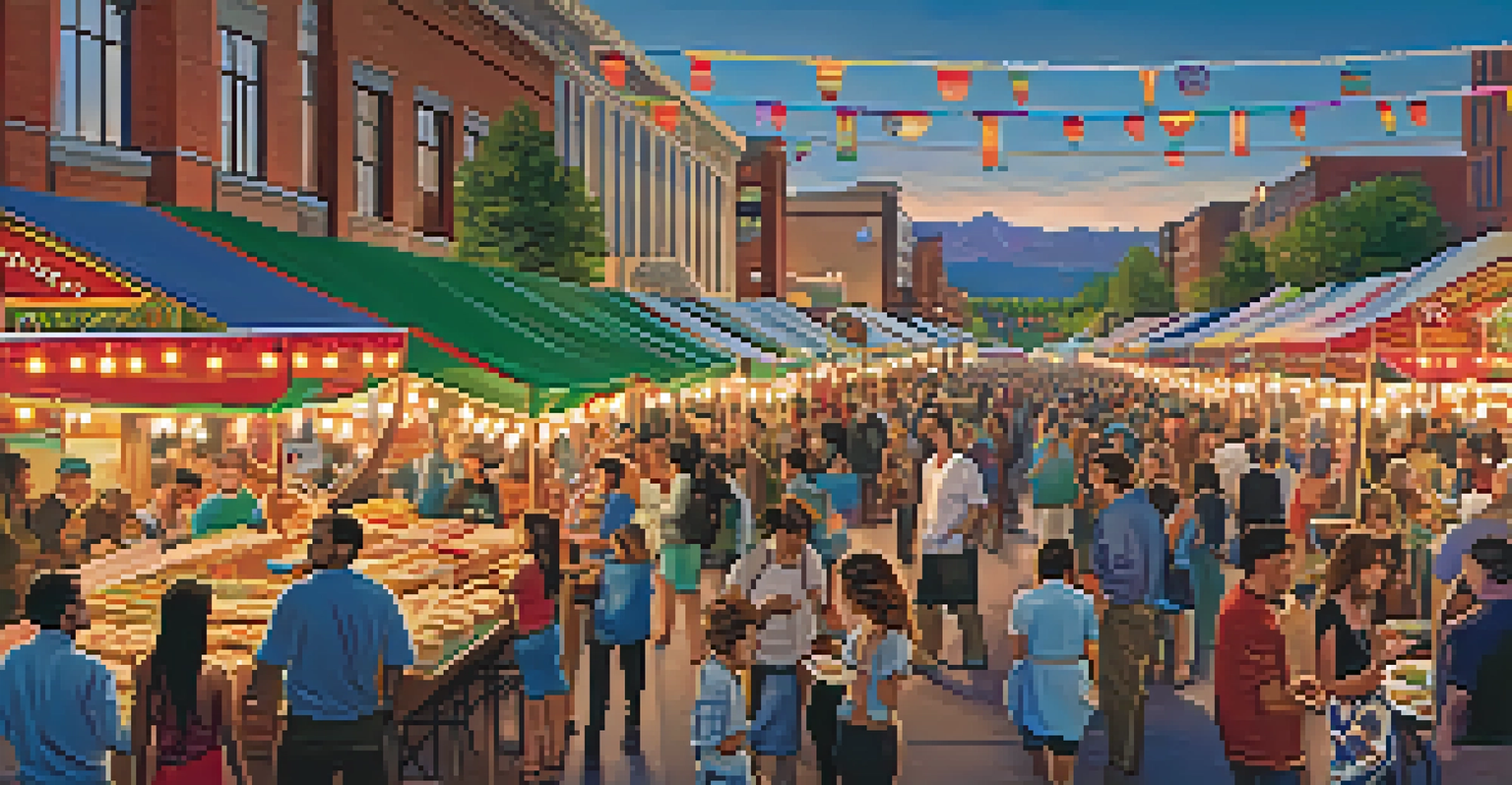 A vibrant food festival in Denver with various food stalls and attendees enjoying diverse cuisines.
