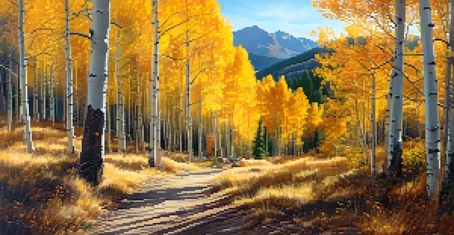An autumn landscape in Golden Gate Canyon State Park with golden aspen trees and a winding hiking trail.