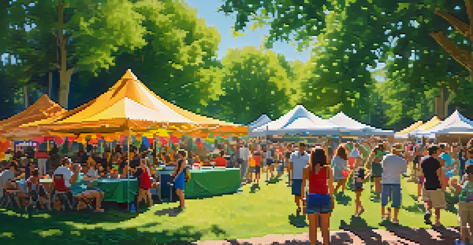 Lively summer festival in a Denver park with colorful tents and visitors enjoying food and music amidst lush greenery.