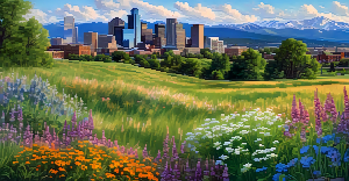A panoramic view of Denver with the skyline and Rocky Mountains in the background, under a blue sky with white clouds, and a green park in the foreground.