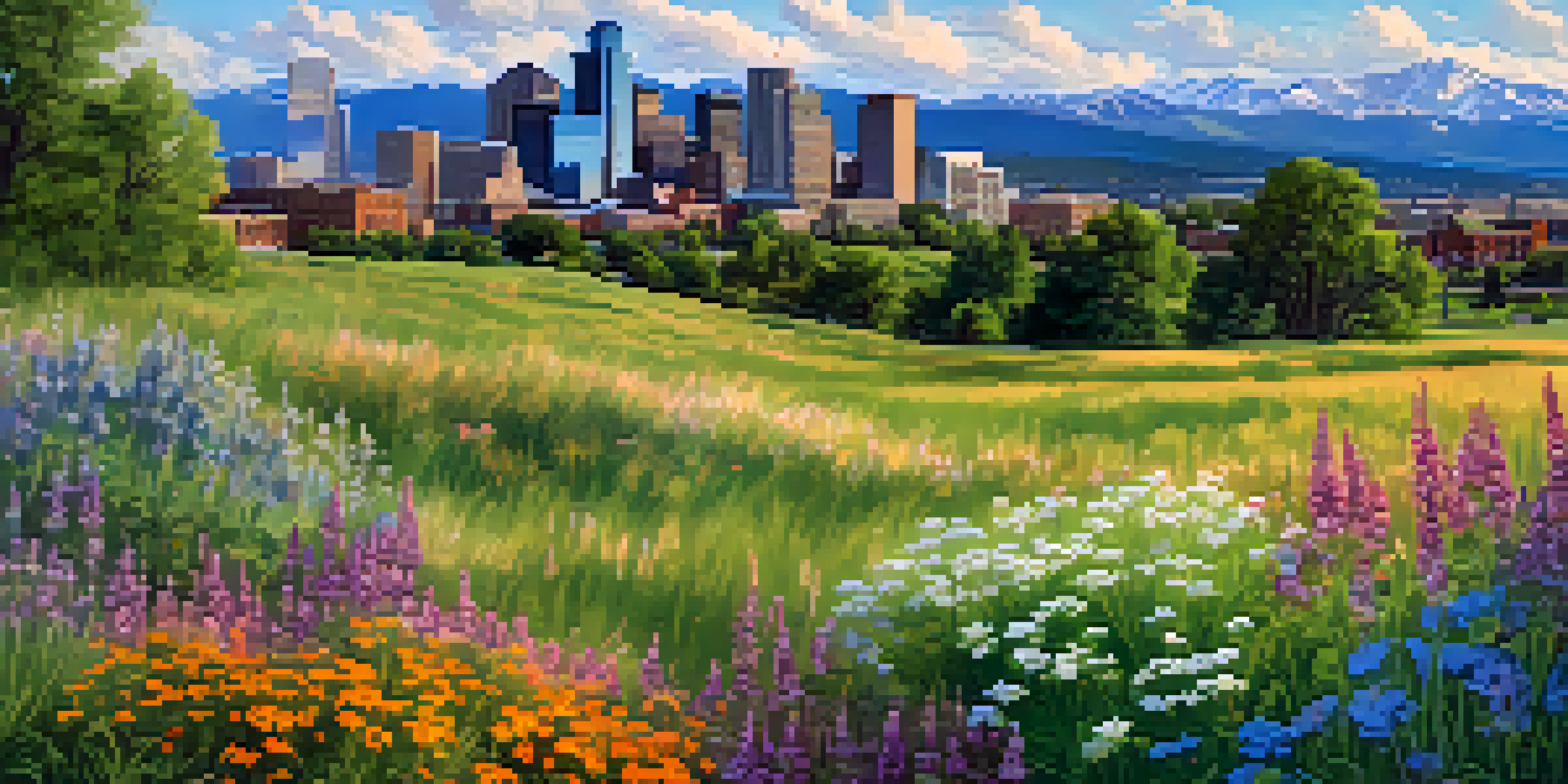 A panoramic view of Denver with the skyline and Rocky Mountains in the background, under a blue sky with white clouds, and a green park in the foreground.
