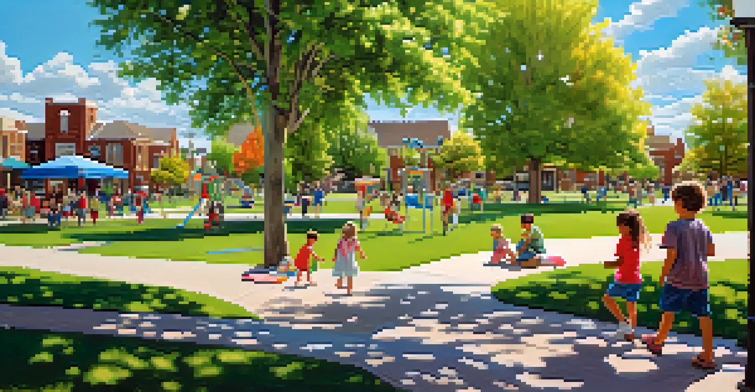 A lively suburban park in Denver with children playing and families having picnics.